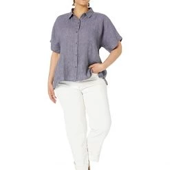 Eileen Fisher Classic Collar Short Sleeve Shirt in Washed Organic Linen Delave | Shirts & Tops -Eberjey Shop 61XOjbjj40L. AC SR736920