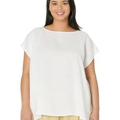 Eileen Fisher Bateau Neck Gathered Boxy Top in Organic Handkerchief Linen | Shirts & Tops