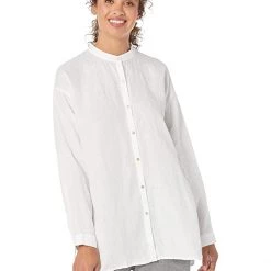 Eileen Fisher Mandarin Collar Long Boxy Shirt in Organic Handkerchief Linen | Shirts & Tops