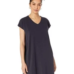 Eileen Fisher V-Neck Boxy Knee Length Dress in Organic Pima Cotton Stretch Jersey | Dresses