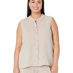 Eileen Fisher Mandarin Collar Sleeveless Shirt in Puckered Organic Linen | Shirts & Tops