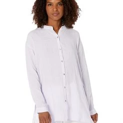 Eileen Fisher Mandarin Collar Long Boxy Shirt in Garment Dyed Organic Handkerchief Linen | Shirts & Tops