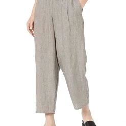 Eileen Fisher Petite Straight Leg Ankle Pleated Pants in Washed Organic Linen Delave