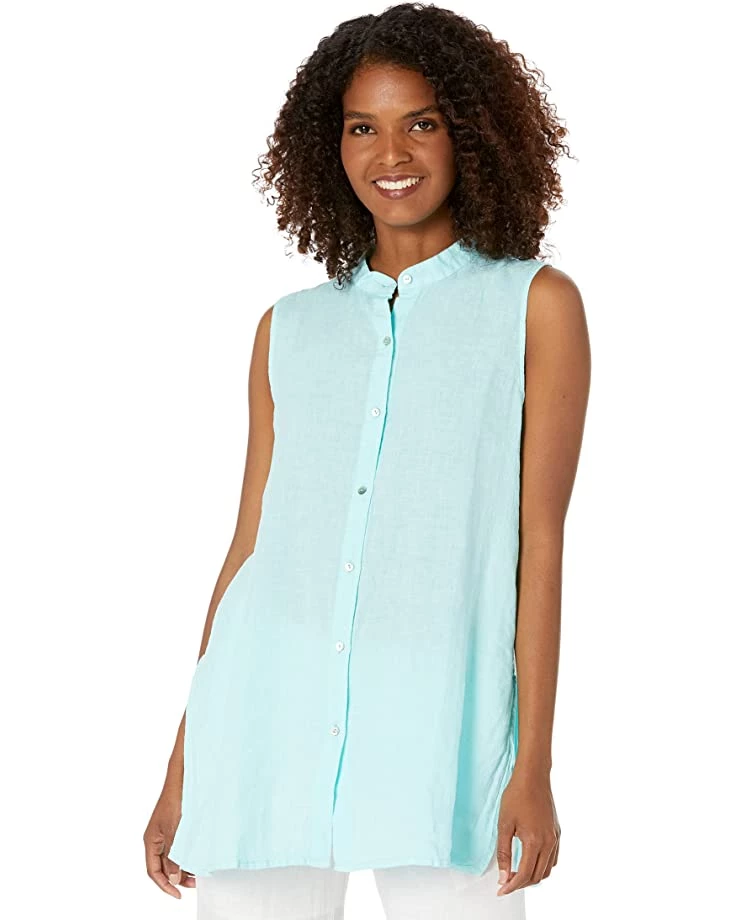 Eileen Fisher Mandarin Collar Sleeveless Long Shirt in Garment Dyed Organic Handkerchief | Shirts & Tops 3 Eileen Fisher Mandarin Collar Sleeveless Long Shirt in Garment Dyed Organic Handkerchief | Shirts & Tops
