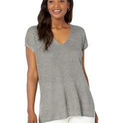 Eileen Fisher V-Neck Sleeveless Pullover in Organic Linen Delave Rib | Shirts & Tops