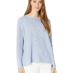 Eileen Fisher Crew Neck Flat Saddle Pullover in Organic Cotton Linen Slub | Sweaters