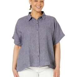 Eileen Fisher Classic Collar Short Sleeve Shirt in Washed Organic Linen Delave | Shirts & Tops