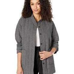 Eileen Fisher Stand Collar Padded Jacket in Hemp Organic Cotton Check | Coats & Outerwear